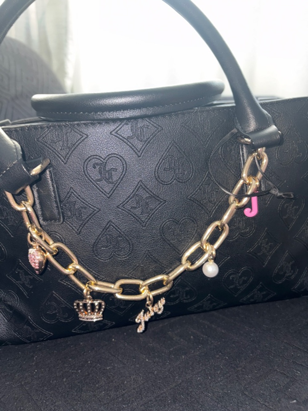 Juicy Couture Black Embossed Satchel with Gold Charm Chain